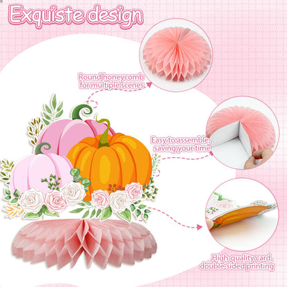 12 PCS Little Pumpkin Baby Shower Decorations 3D Honeycomb Centerpiece Fall Party Table Decor for Girls Pink Table Toppers Honeycomb Gifts for Birthday Party Supplies