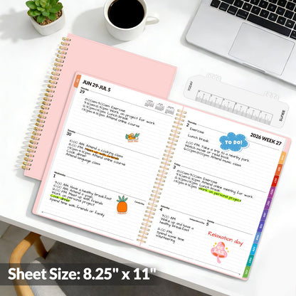 SUNEE Academic Planner 2026-2027 – Weekly & Monthly Planner, July 2026 to June 2027, 8.5"x11", Thick Paper, Tabs, Pockets, Bookmark, Spiral-Bound, Student Teacher Organizer, Pink