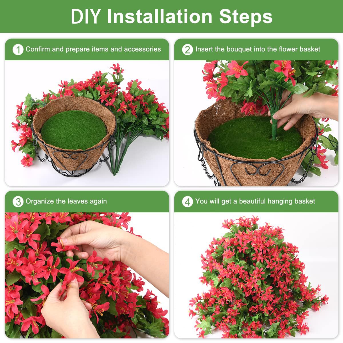 INQCMY Artificial Fake Hanging Plants Flowers Basket for Spring Summer Outdoor Outside Porch Decoration,UV Resistant Faux Silk Violet in Planter for Home Patio Balcony Garden Yard Decor(Red)