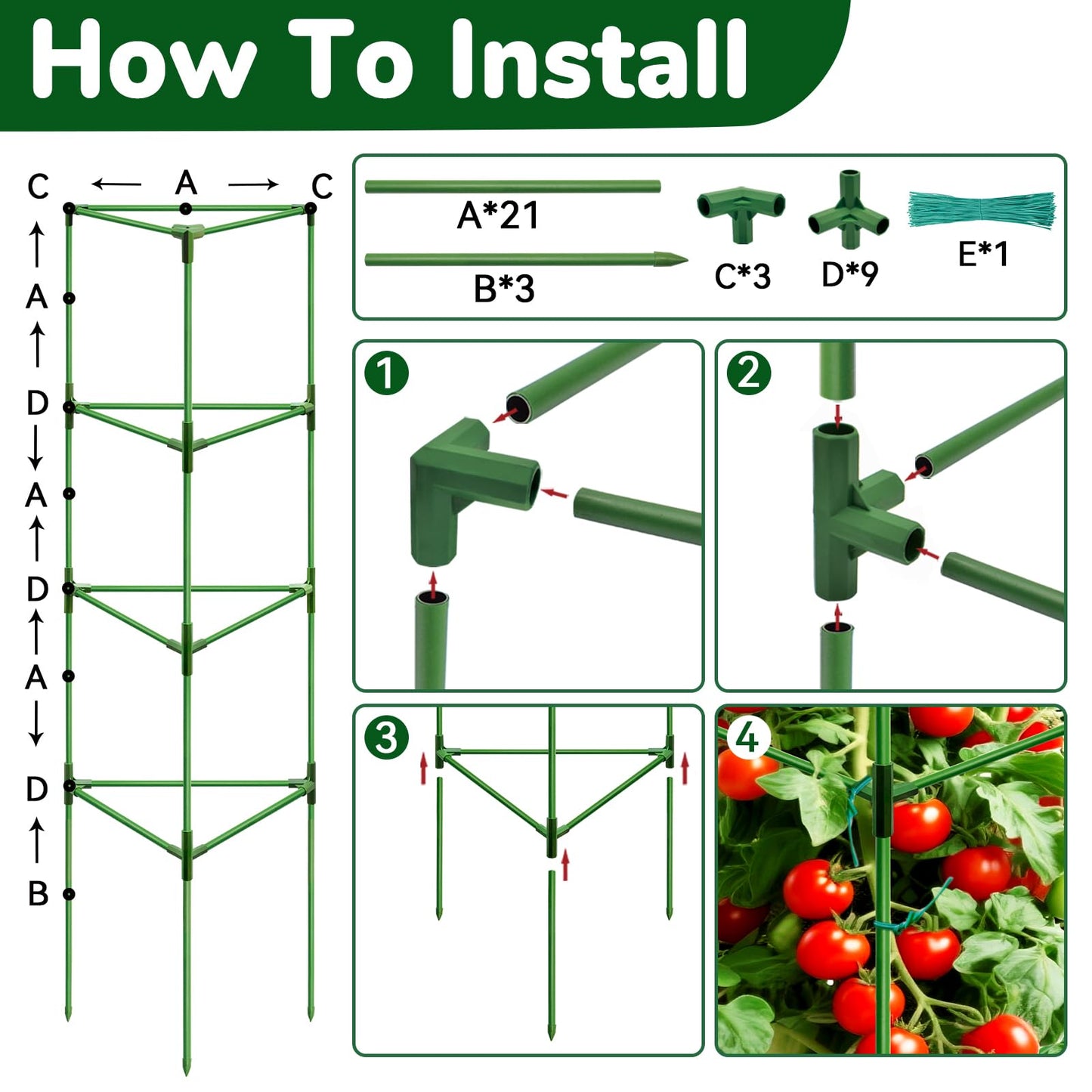 ZeeDix Tomato Cages with Bird Netting Set - 4 Pack 57 Inches Heavy Duty Tomato Cages + 4 Pack 61 Inches Garden Mesh Barrier for Tomatoes Climbing Vegetables Flowers