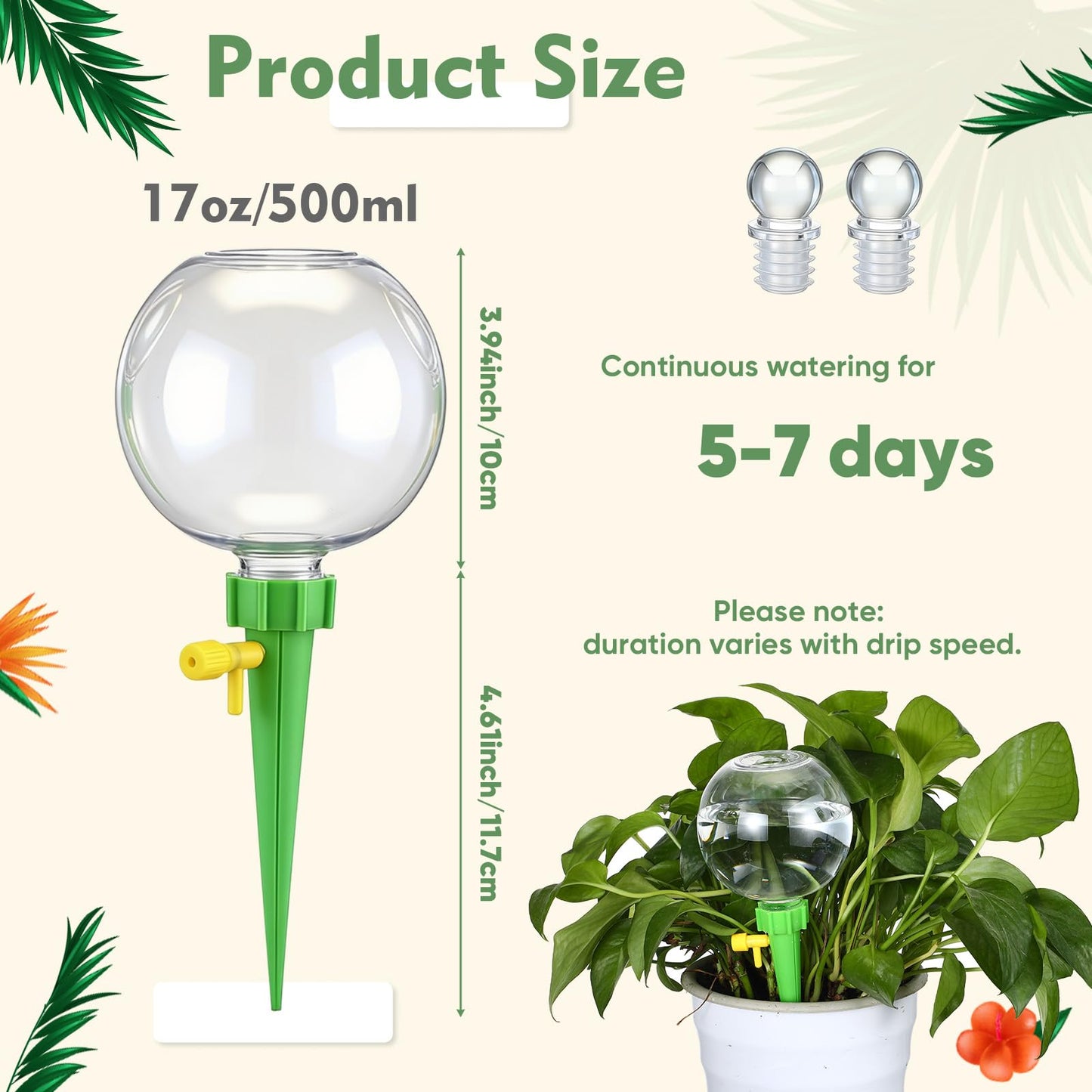 Acellegic 4 Pcs 17oz Plant Self Watering Globes for Indoor Outdoor Adjustable Plants Plastic Water Bulbs Top to Fill Plant Self Watering Planter Insert Water Devices System Spikes Stakes (Green)