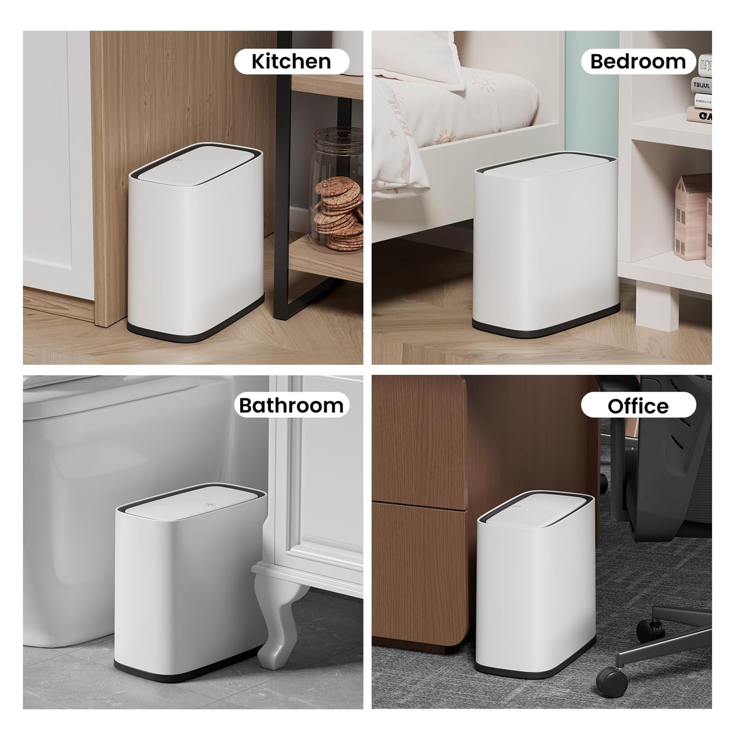 Bathroom Trash Can, 2.1 Gallon Small Slim Garbage Can with Lid and Wheels, Air-Press Bag Expander & Inner Bucket, White Plastic Waste Basket Dog Proof for Kitchen, Office, Bedroom, Garbage Trash Bin