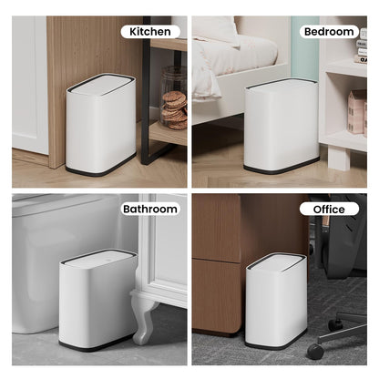 Bathroom Trash Can, 2.1 Gallon Small Slim Garbage Can with Lid and Wheels, Air-Press Bag Expander & Inner Bucket, White Plastic Waste Basket Dog Proof for Kitchen, Office, Bedroom, Garbage Trash Bin