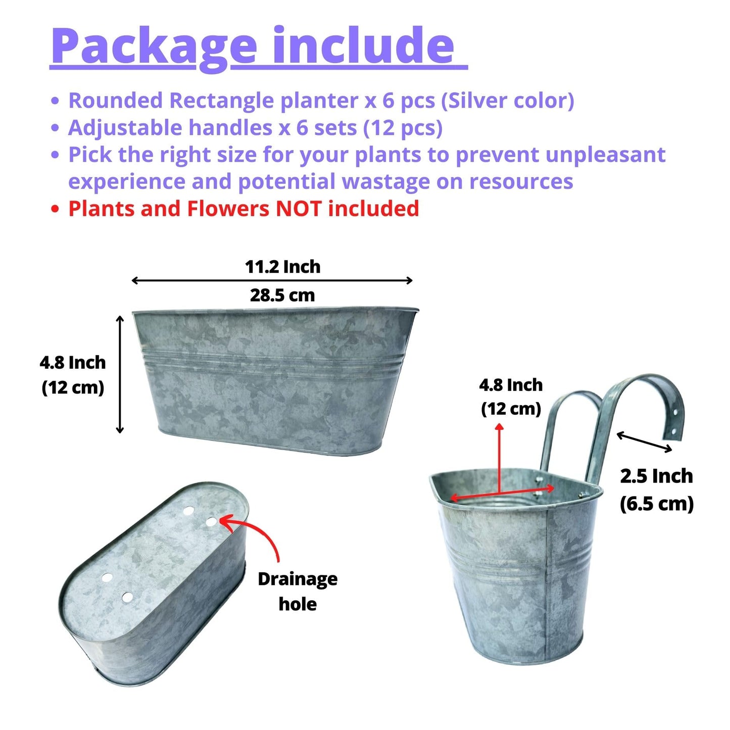 LaLaGreen Outdoor Rail Planter (11.2 Inch, 6 Pack) Silver Metal Iron Hanging Flower Pots Deck Railings Fence Buckets Modern Countryside Boho Style Wall Mount Window Box Plant Holder Hooks Porch Decor