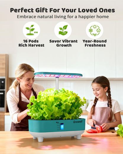 Growell Hydroponics Growing System Kit, 16 Pods, Vertical 8L Indoor Gardening System for Herb Vegetable Fruit, Hydro Garden with LED Grow Light, Smart Water Circulation, 3 Light Modes & 2 Timer, Green