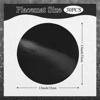 30 PCS Black Paper Placemats Round Disposable Halloween Placemat Shiny Mirrored Paper Charger Placemats for Halloween 50th Birthday Wedding Bachelorette Graduation Holiday Party Dinner Table Decor