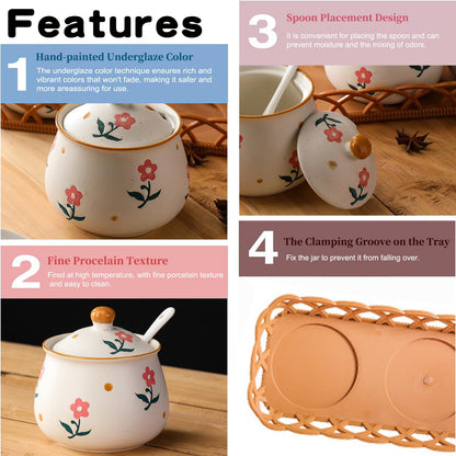 Orkim Kitchen Ceramic Condiment Jars with Lids and Spoons, 3 Piece Porcelain Seasoning Jar Set for Salt Spice Pepper Suger Bowl, Coffee Tea Container Pot with Serving Tray - A Pink Flower