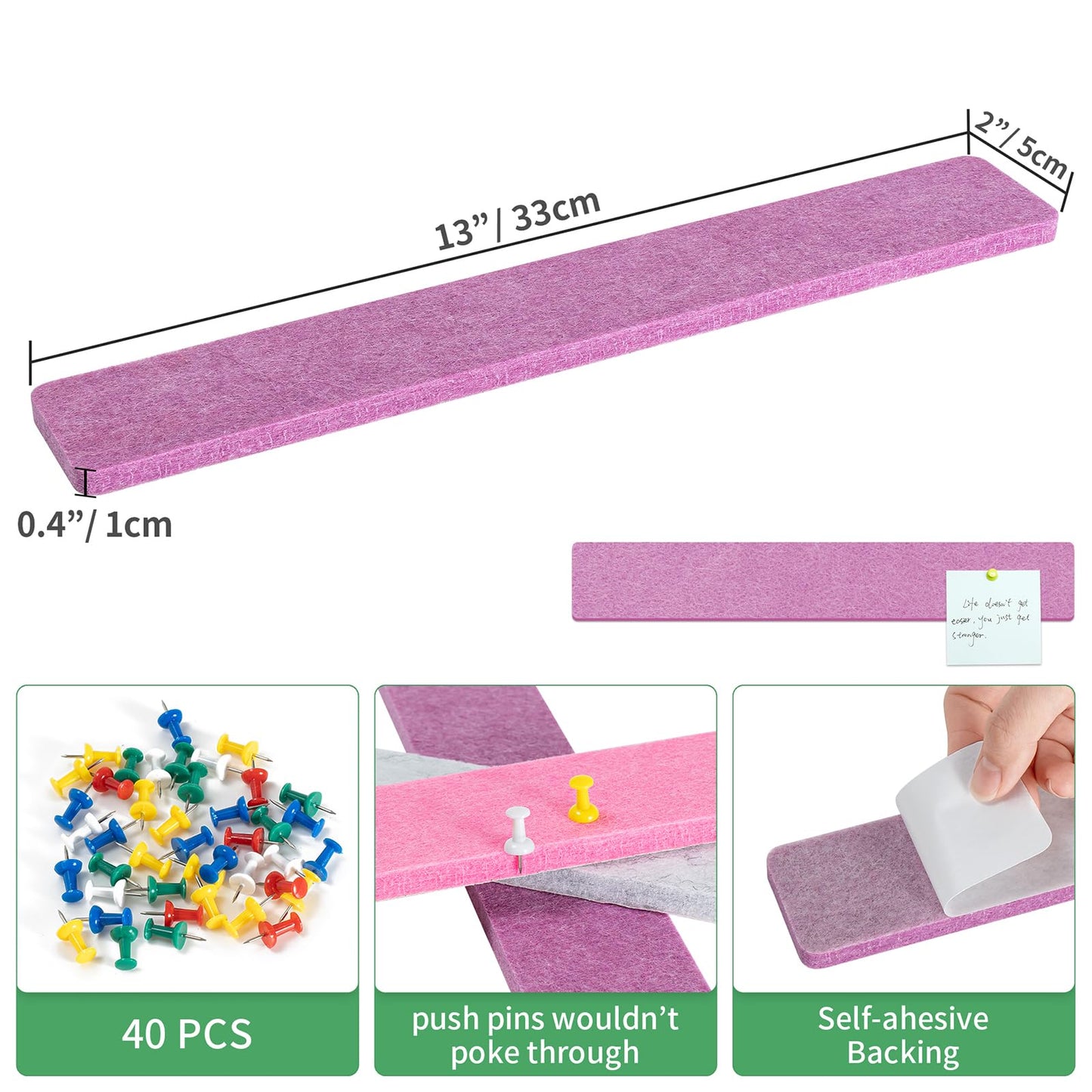 GoTiling Cork Board for Walls - 8 Pack Felt Pin Board Bar Strips - Self-Adhesive Lightweight Bulletin Board - Cork Board for Office with 40 Push Pins No Damage for Wall