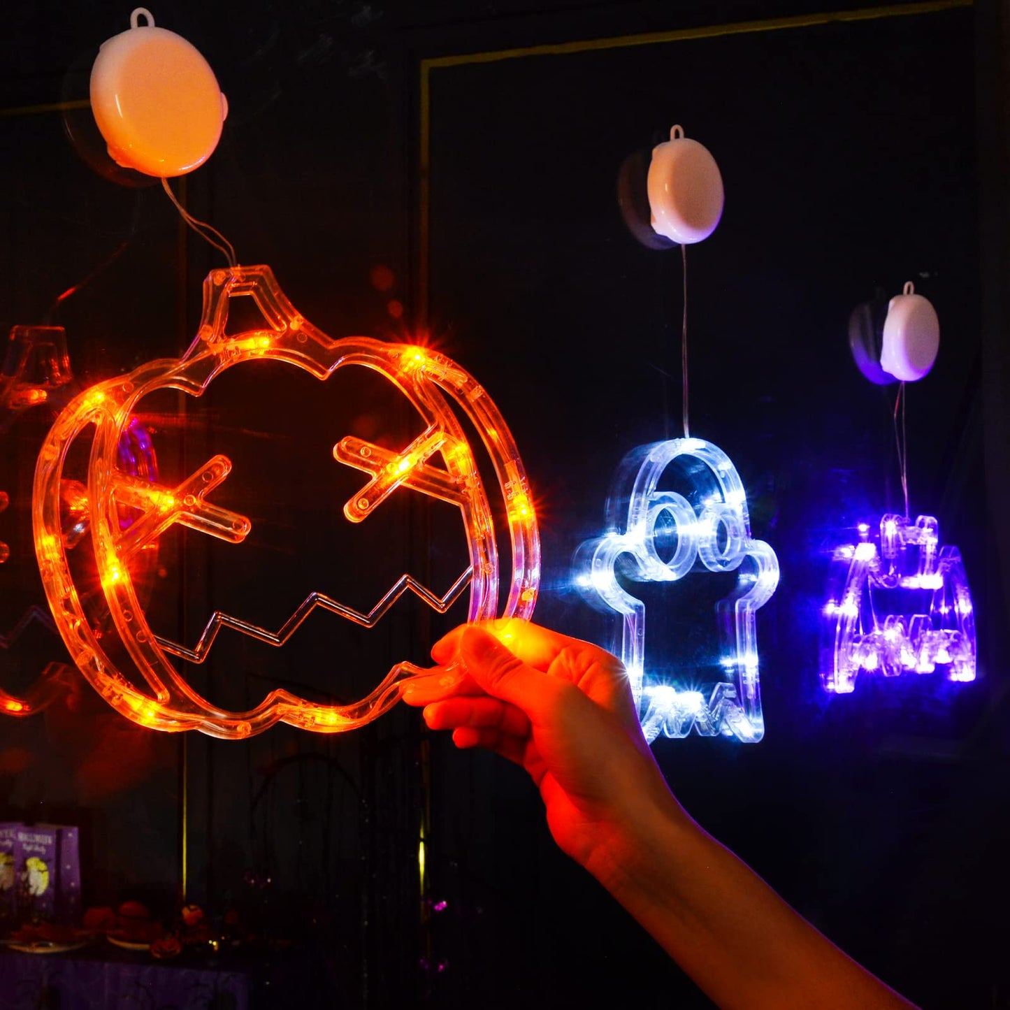 LOLStar Halloween LED Lights Decorations 2025 Orange Pumpkin White Ghost Purple Bat Window Display with Suction Cups, Battery Operated Window Decor Slow Fade Mode and Timer 3-Pack