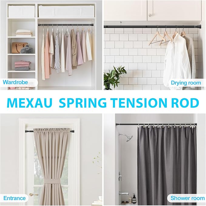 MEXAU 2 Pack Black Shower Curtain Rod 16 To 26 Inch Tension Shower Rod For Bathroom 7/8" Adjustable Spring Curtain Rod No Drilling Spring Rod Black Tension Curtain Rods for Windows Doorway Closet