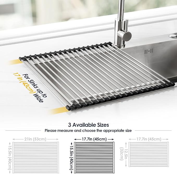 Tomorotec 17.7" x 15.5" Roll Up Dish Drying Rack Over Sink Drying Rack Sink Cover Kitchen Sink Accessories Gadget Multipurpose Organizer Foldable Stainless Steel Drainer