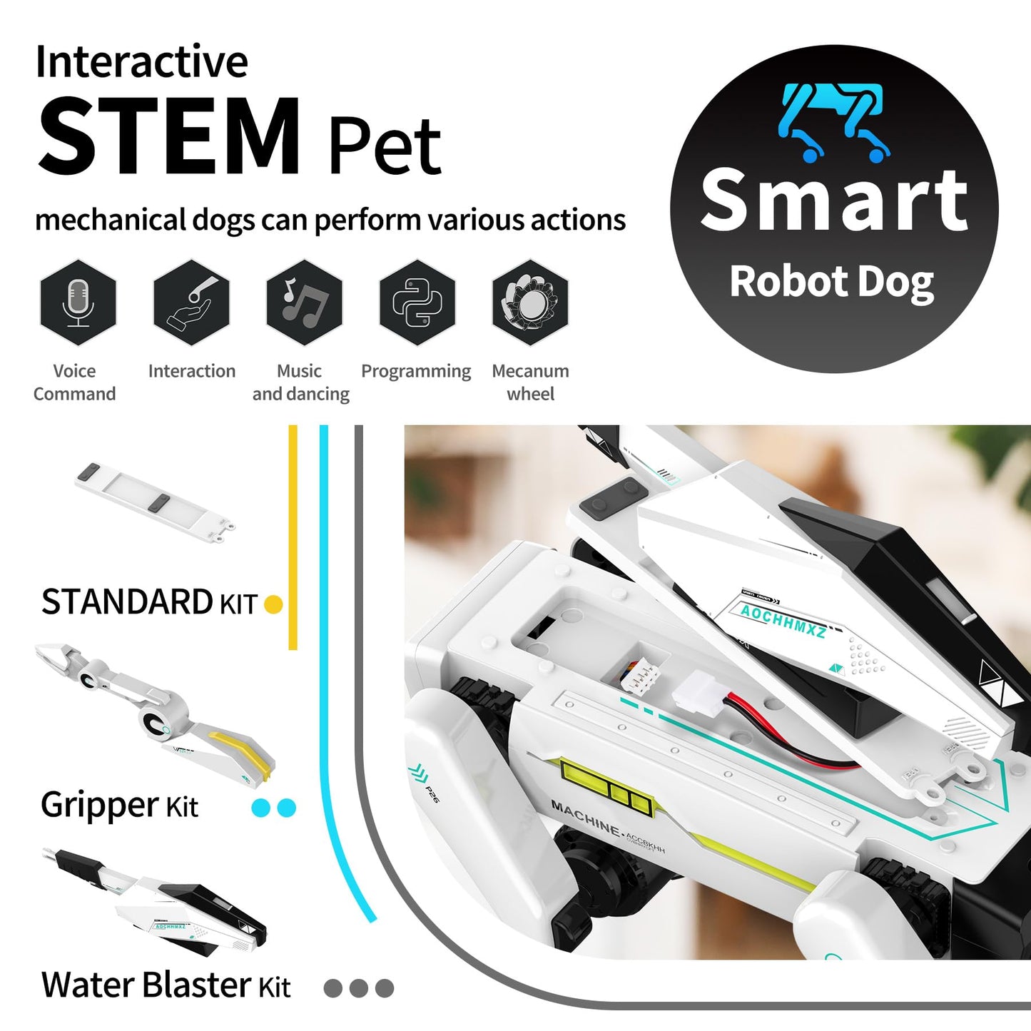 EVADA 3 in 1 Robot Dog with Wheels Kit, 30+ Bionic Actions, Voice & Remote Control, Programmable Moves, Rechargeable Battery, All-Terrain Stunt Pet Toy for Kids (Removable Claw & Cannon)