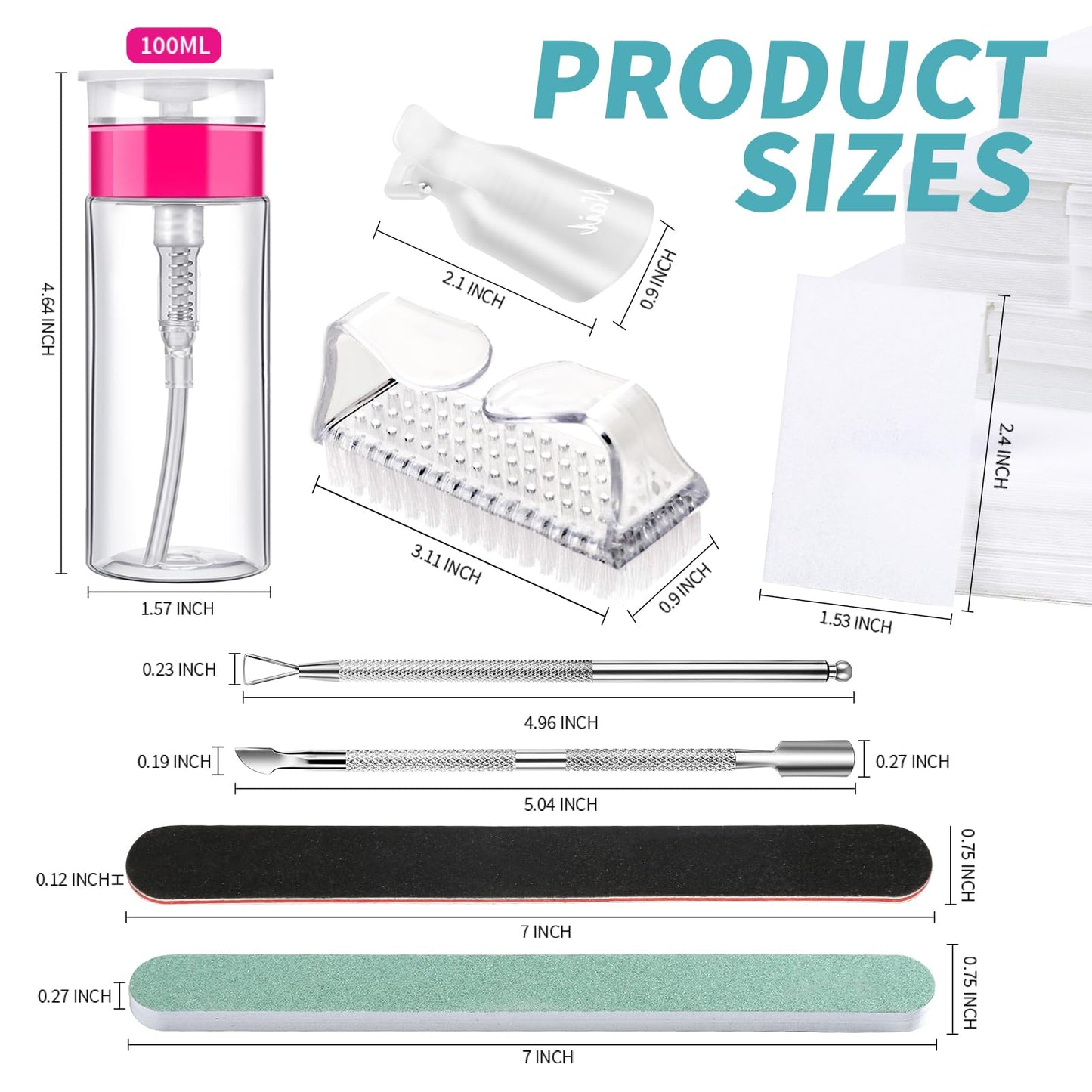 FANDAMEI Nail Polish Gel Remover Tools Kit with Nail Clips, 100ml Nail Polish Remover Bottle, 500 Nail Remover Cotton Pad, Nail Brush, Cuticle Pusher/Peeler, 100/180 Nail File,Buffer Block