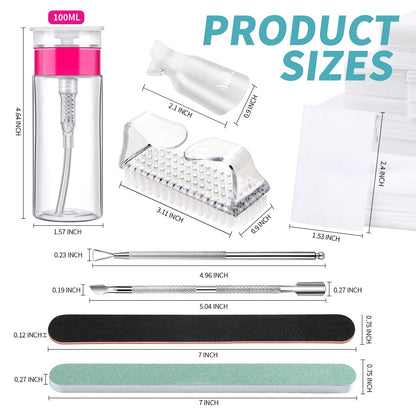 FANDAMEI Nail Polish Gel Remover Tools Kit with Nail Clips, 100ml Nail Polish Remover Bottle, 500 Nail Remover Cotton Pad, Nail Brush, Cuticle Pusher/Peeler, 100/180 Nail File,Buffer Block
