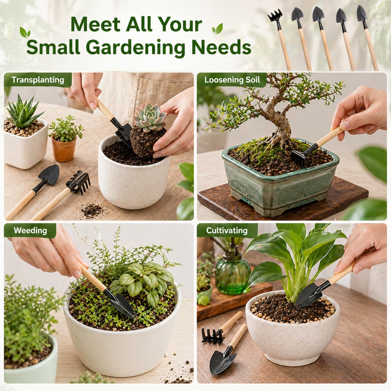 Garneck 8 Sets Mini Gardening Tools with Metal Rake Trowel and Shovel - Succulent Potting Planting Kit for Indoor - Small Gardening Tools for Cultivating Weeding Transplanting