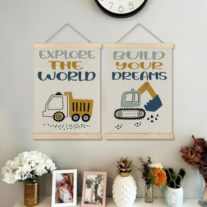 BearCake Construction Decor for Boys Room, Cartoon Excavator Truck Wall Art Poster Hanger Frame, Construction Canvas Prints Framed Wall Decor for Toddler Boy Room Playroom Nursery, 12x16 Inch Set of 2