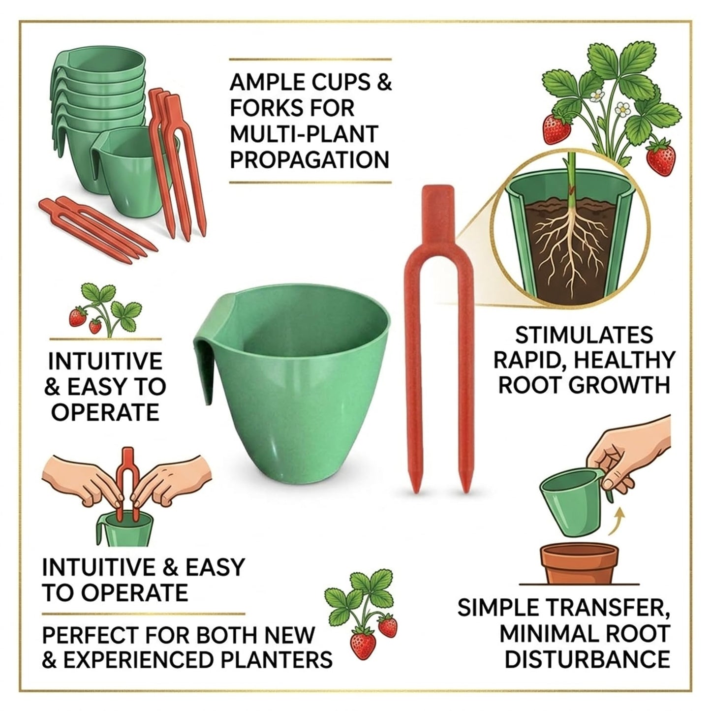 Strawberry Rooting Cup Kit with 20 Forks, Strawberry Propagation Cups, Space-Saving Hanging Design, Plastic Planter for Garden, Greenhouse, and Balcony (Large,green20pc)