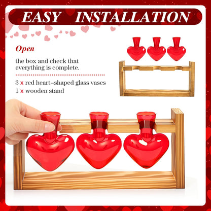 Remerry Red Heart Plant Terrarium with Wooden Stand 3 Heart Glass Vases Planter, Tabletop Propagation Hydroponics Station, Mother's Day Plant Lovers Gift