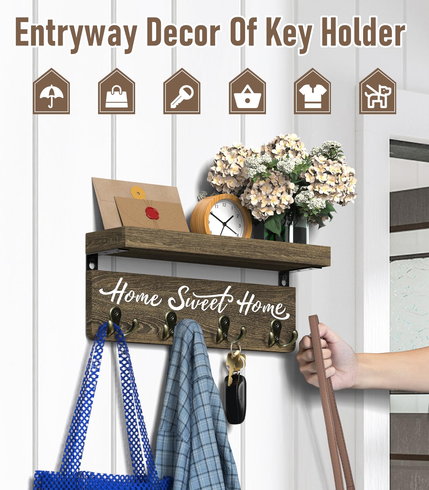 buways Wall-Mounted Key and Mail Holder, Wooden Key Rack with 4 Double Key Hooks, Rustic Home Decor for Entryway