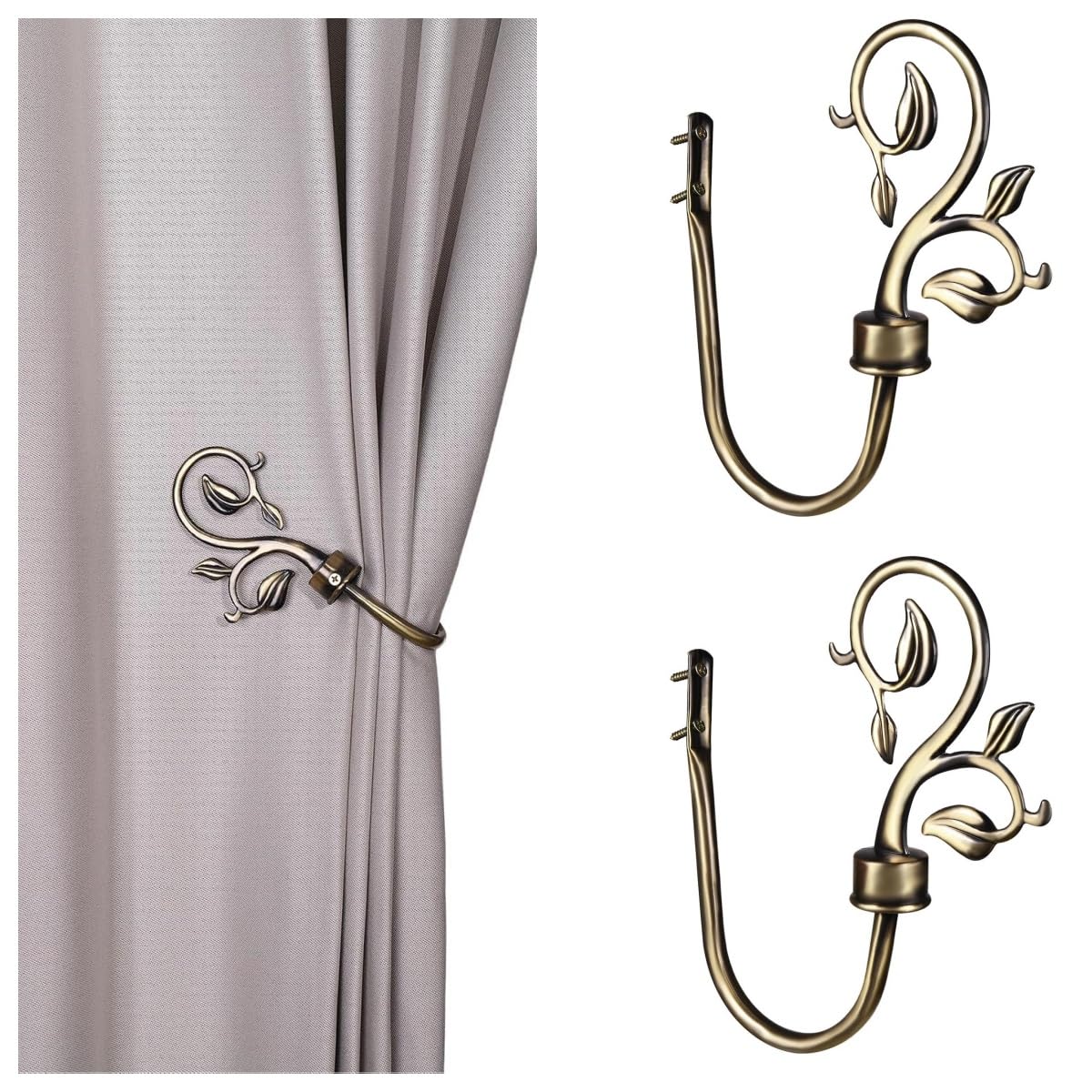 Leaf Shaped Curtain Holdbacks 2pcs, Handmade Metal Curtain Side Holders for Wall, Antique Brass Curtain Tieback Hook Pull Backs for Drapes Window Home Decoration (Bronze)