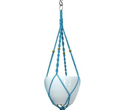 Macrame Plant Hanger & Holder, Hanging Planter 4 Legs Double Deck for 8 inch to 10 inch Two Pots Indoor Outdoor Hanging Planter Cotton Rope 67 Inch with Metal Ring (Cotton-Turquoise)