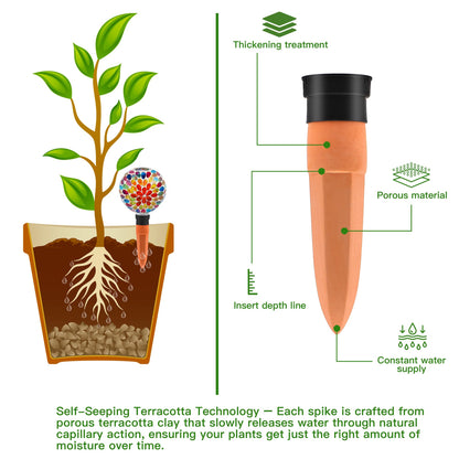 VOREEN Mosaic Plant Watering Globes with Terracotta Watering Spikes, 17oz Glass Self Watering Globes for Indoor & Outdoor Potted Plants, Decorative Water Drippers, Set of 2