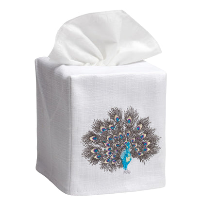 Jacaranda Living Square Tissue Box Cover, Linen/Cotton Fabric Tissue Holder, Decorative Cloth Tissue Cube Cover, Animal Designs Feathered Peacock (Turquoise, Pewter)