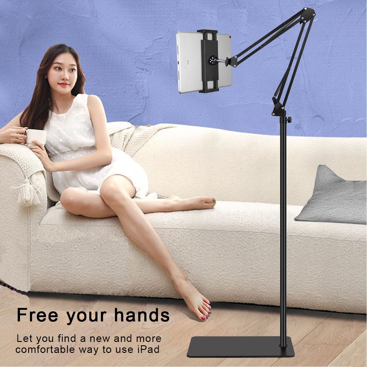 Tablet Floor Stand with 6LB Weight, Overhead Bed phone Stand Angle Height Adjustable Arm Stretchable Stand Holder, Compatible with iPhone iPad Mini Air Pro, Galaxy Tab, Kindle, E-Readers,all Phones