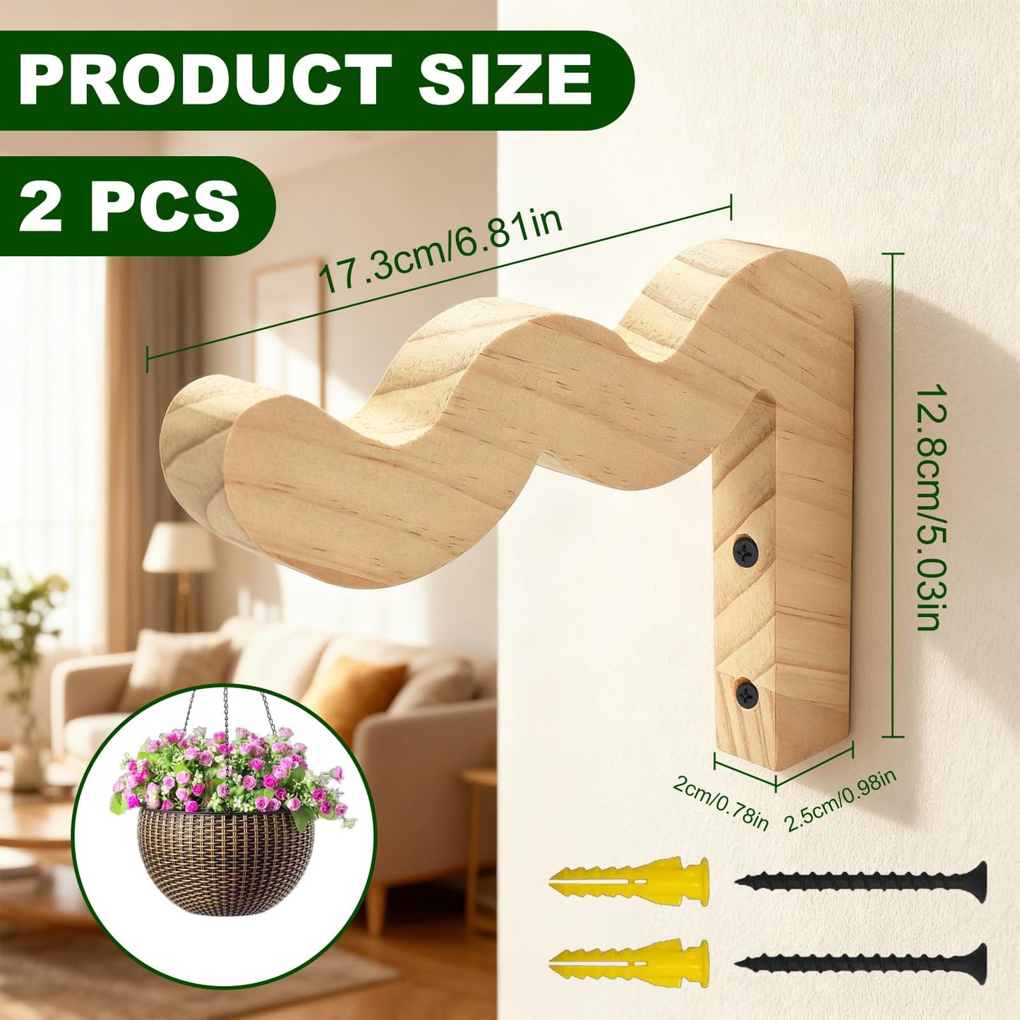 Upriver 2 Pack Wavy Wooden Plant Hangers, Plant Wall Bracket for Indoor Outdoor, Natural Hanging Plant Hooks for Wind Chimes Flower Brackets Bird Feeders Patio Garden Decoration