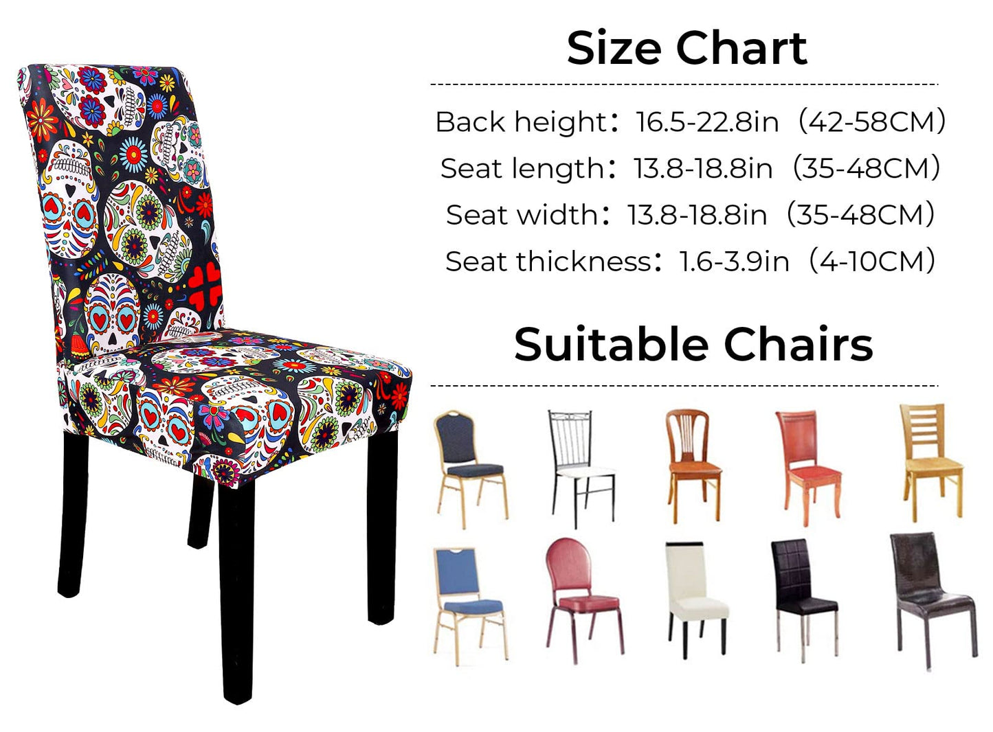 Whaline 4Pcs Halloween Chair Covers The Day of Dead Dining Chair Slipcovers Floral Skull Skeleton Pattern Stretch Elastic Seat Covers for Halloween Party Home Kitchen Hotel Restaurant Ceremony Decor