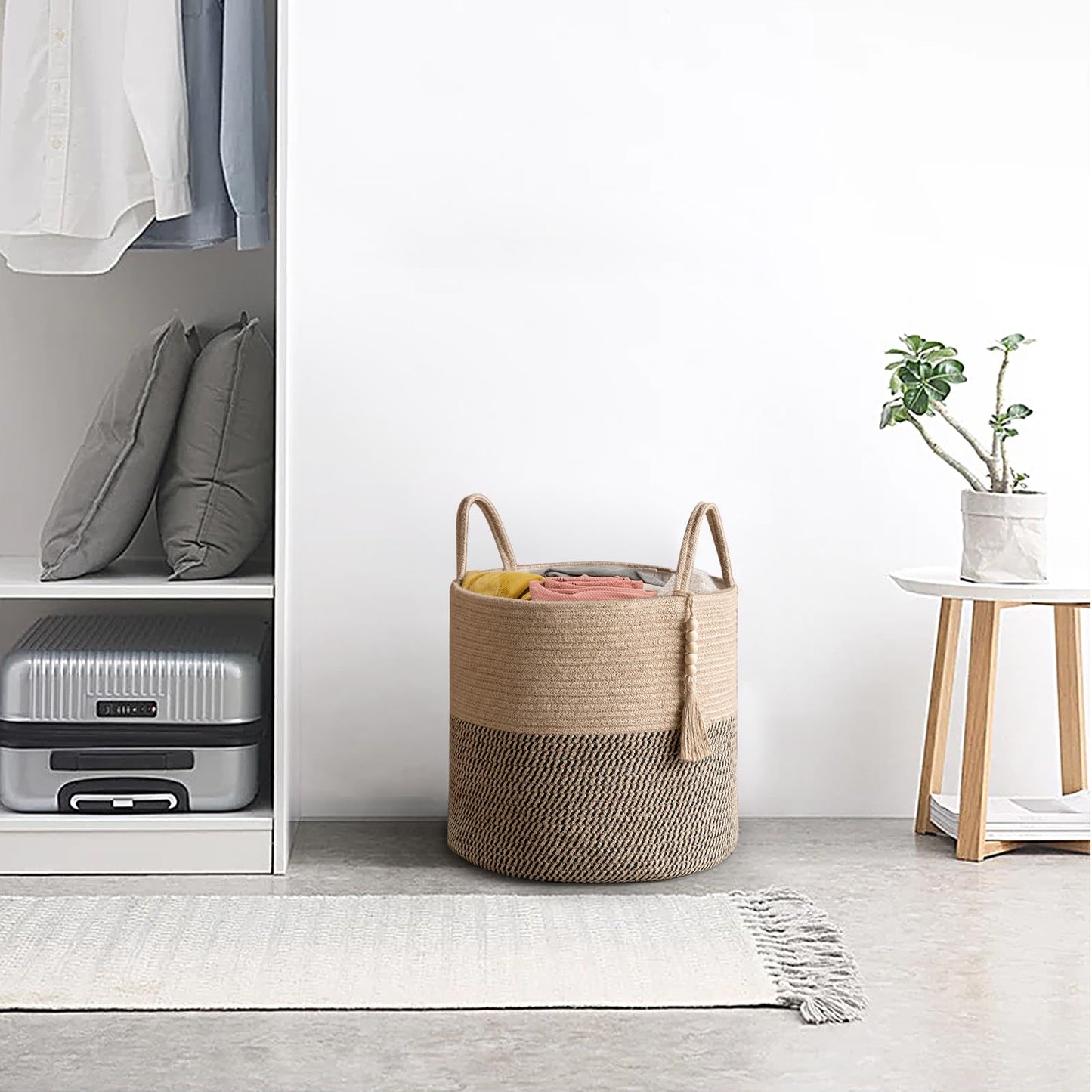 Mkono Woven Storage Basket Decorative Rope Basket and Macrame Hanging Shelves Boho Wall Decor Set of 3