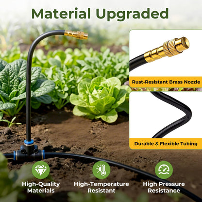 50FT Drip Irrigation Kit, 360° Adjustable Garden Watering System with 1/4" Tubing, Brass Misting Nozzles, DIY Irrigation System for Plants, Raised Beds, Greenhouse