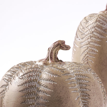 DN DECONATION 2-Pack Fall Pumpkin Decorations for Home, Faux Pumpkins for Decorating, Rustic Brown Resin Pumpkins Decor with Carved Leaves – Thanksgiving Table Centerpiece, Modern Farmhouse Fall Decor
