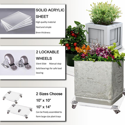 EMCOMS 1PC Transparent Clear Color Plant Caddy 10x10 inch Acrylic Heavy Duty Square Plant Stand with 2 Roller Lockable Caster Wheels,Indoor Outdoor Holds Up 150 Lbs Patio/Flower Pot/Dolly