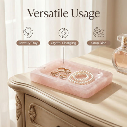 Lierlava Small Rose Quartz Soap Dish & Ring Holder - 4.3" Natural Pink Crystal Jewelry Tray - Mini Stone Decorative Dish for Bathroom Vanity & Nightstand
