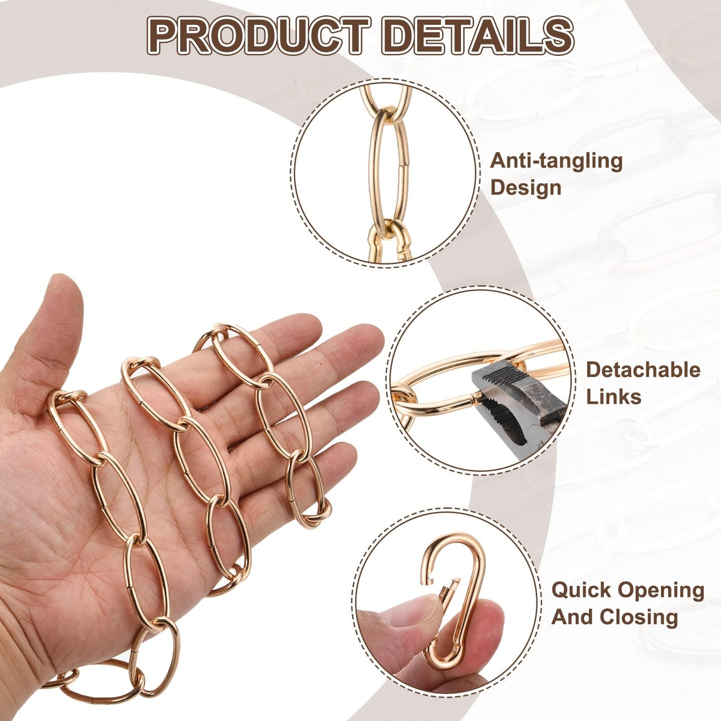 uxcell 7ft Lighting Hanging Chain, 2.8mm/0.11" Looping Metal Pendant Chandelier Chain Extension with 2 Spring Snap Hook for Hanging Plant Pendant Chandelier Light Fixture, Rose Gold