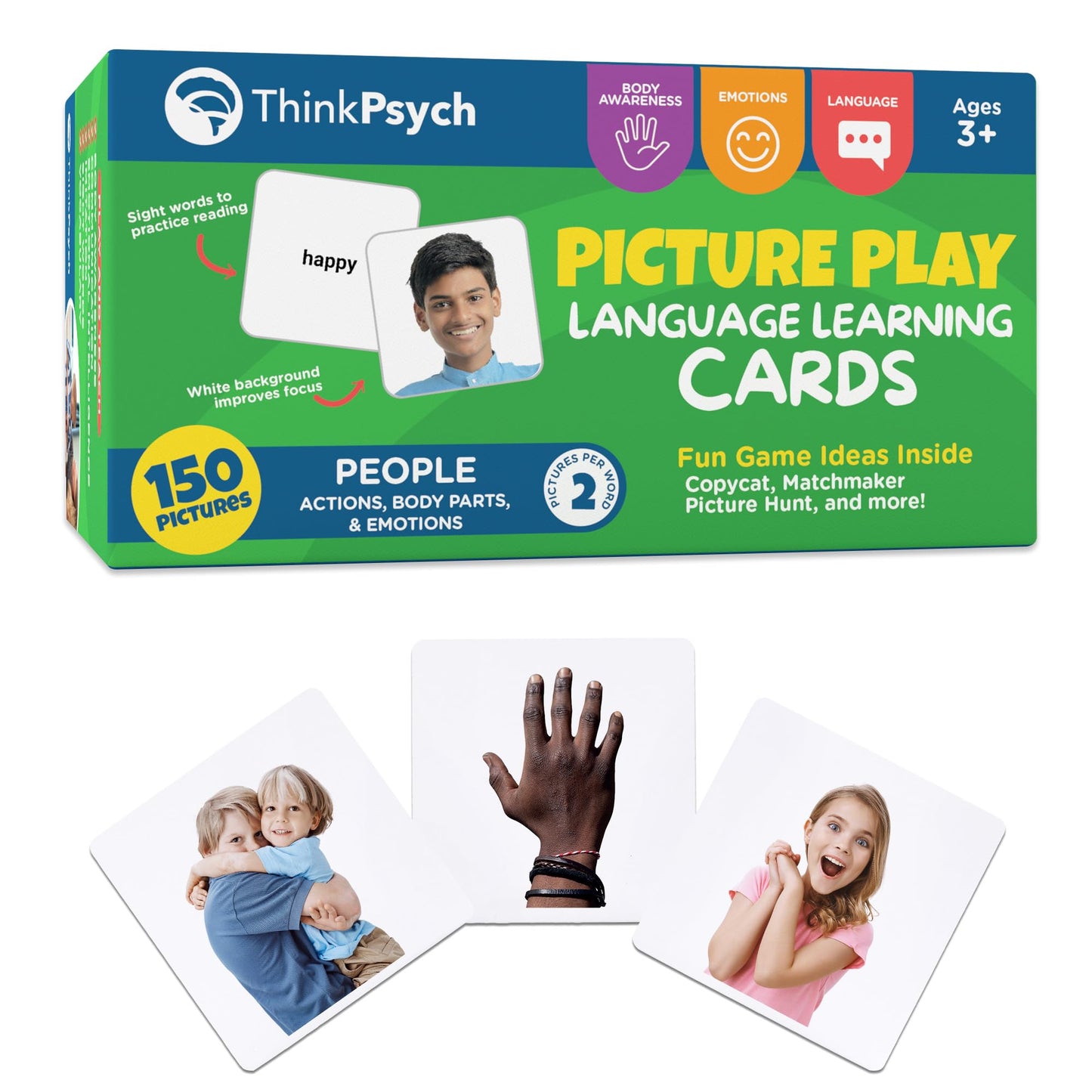 ThinkPsych Real People Flashcards - 150 Body Parts, Emotions, and Verbs - Realistic Picture Cards for Speech Therapy Materials & Autism Learning Materials - Body Parts for Toddlers