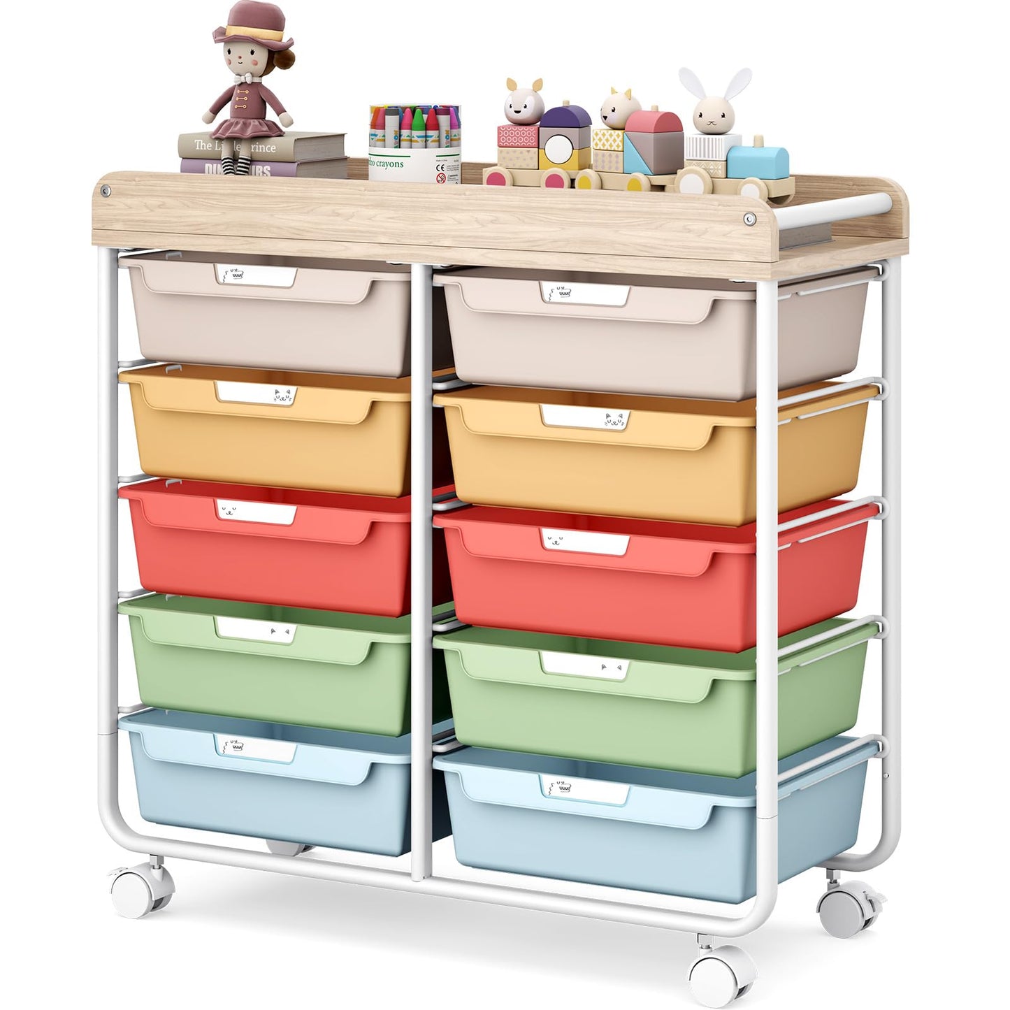 10 Drawers Rolling Cart with Wooden Tabletop, Utility Storage Cart with Wheels, Art Supply Craft Organizer on Wheel with Metal Frame & Handles for Home Office School,Colorful