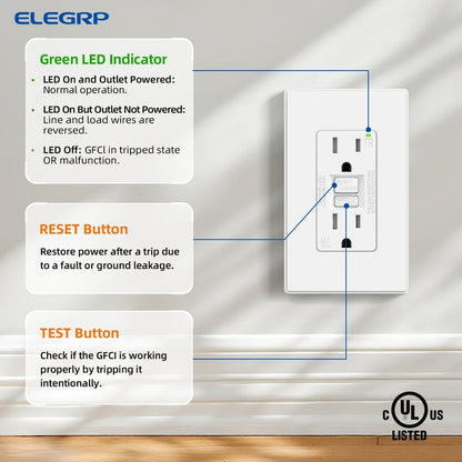 ELEGRP GFCI Outlet 15 Amp, Self-Test GFI Electrical Outlet with Thinner Design, TR Tamper Resistant GFCI Receptacle, Ground Fault Circuit Interrupters with Wall Plate, UL Listed, Matte White, 2 Pack