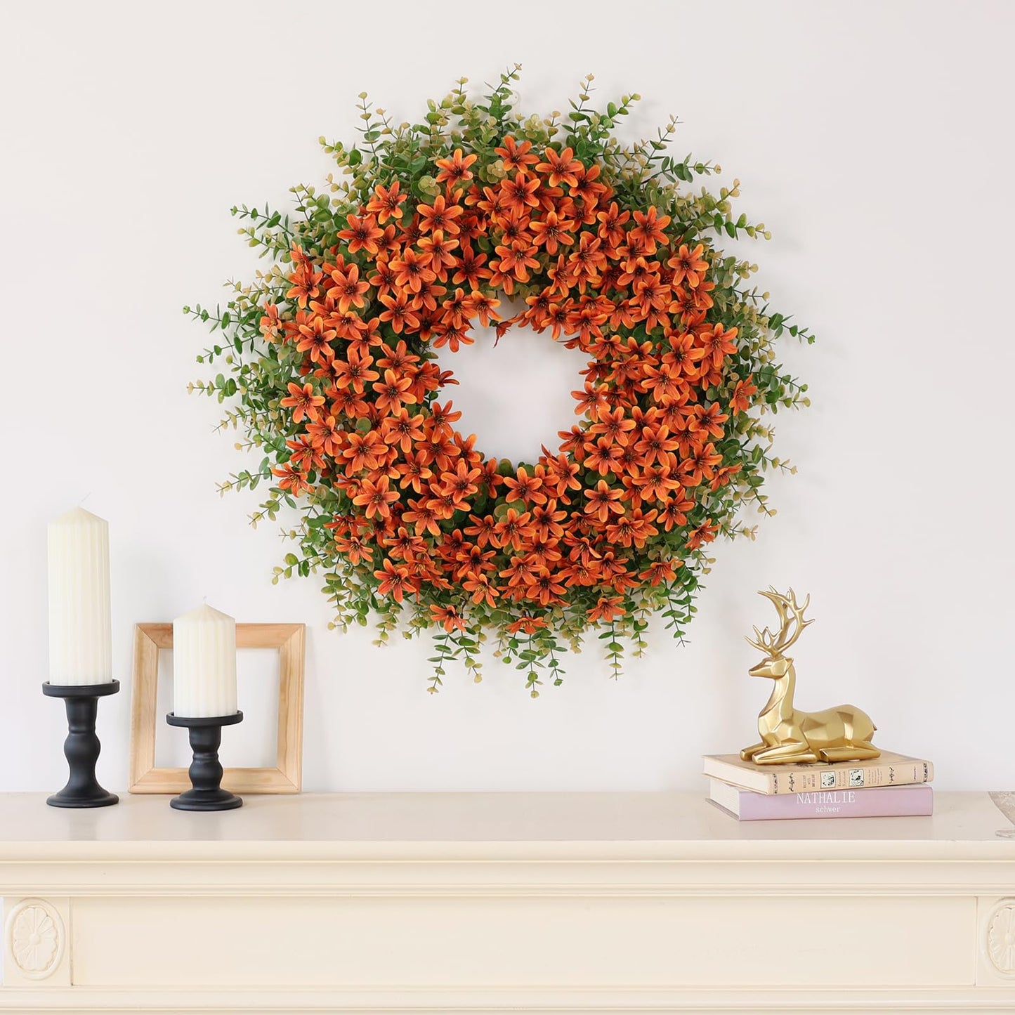 26" Fall Wreath for Front Door, Porch, Window - Large Artificial Eucalyptus Leaves with Fake Silk Flowers Outdoor Wreath for Home Farmhouse Harvest Festival Thanksgiving Day Autumn Decor