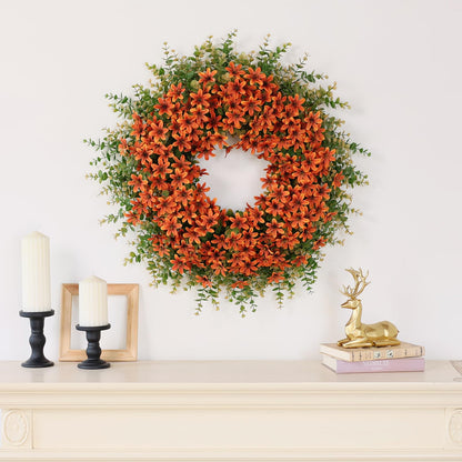 26" Fall Wreath for Front Door, Porch, Window - Large Artificial Eucalyptus Leaves with Fake Silk Flowers Outdoor Wreath for Home Farmhouse Harvest Festival Thanksgiving Day Autumn Decor