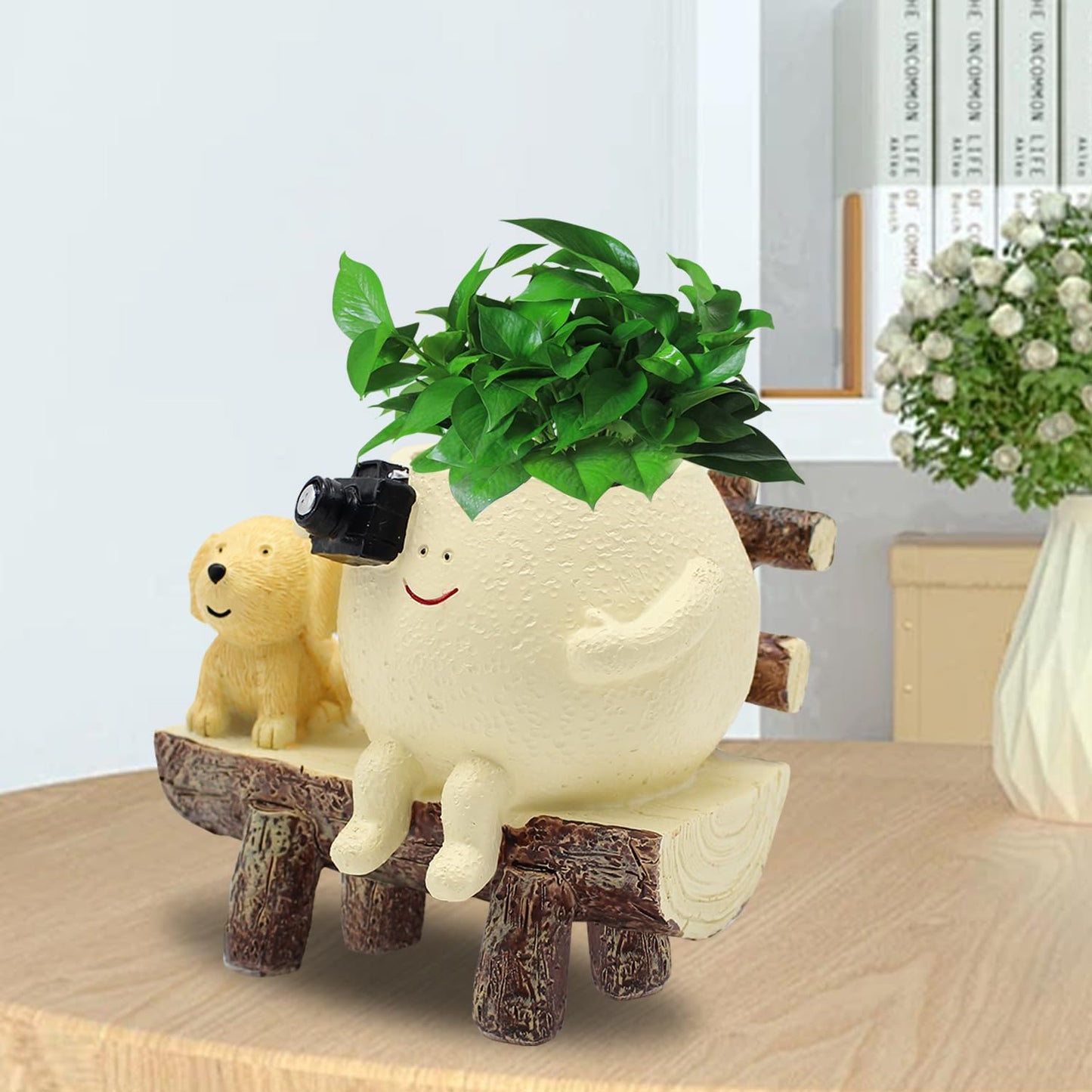 Tuenmofun Cute Funny Resin Bench Smiley Face Plant Pot Unique Head Succulent Planter for Indoor & Outdoor Flower