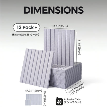 Slat Felt Wall Tiles (12 Pack) - 11.8"x11.8" Self-Adhesive Bulletin Board for Wall, Acoustic Panels for Sound Dampening, Modern Black Pin Board, Home Office Decor (30x30cm)