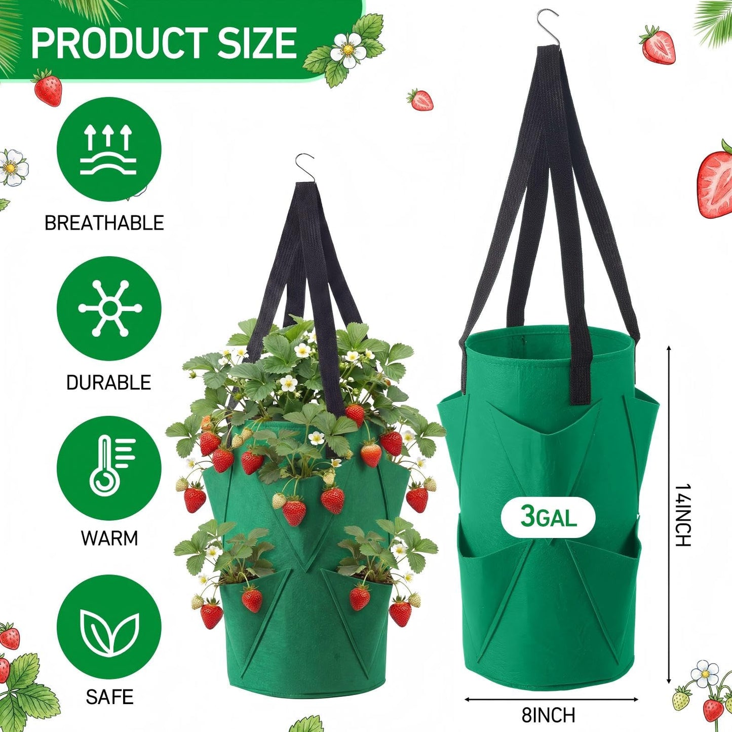 SATINIOR 10 Pack Upside Down Strawberry Planter Set Hanging Vegetables Grow Bags with 10 S Hooks, 3 Gallon Fabric Planting Bags for Easy Vertical Gardening(Deep Green)