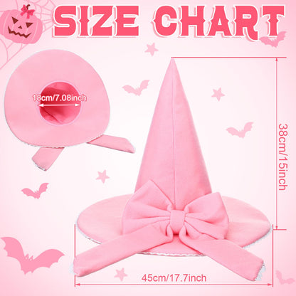 Jamntower Pink Bow Witch Hat Accessories Halloween Coquette Wool Felt Witch Hat for Women Cosplay Masquerade Party Supplies