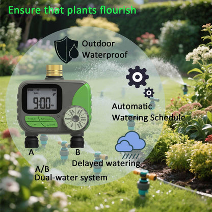 Drip Irrigation System for Garden with Water Timer, Main ID 1/2inch 32Ft and 1/4inch 131Ft Water Hose, 2-Zone Watering System Sufficient Water Pressure, Irrigation Dripper Waterflow Evenly Easy DIY