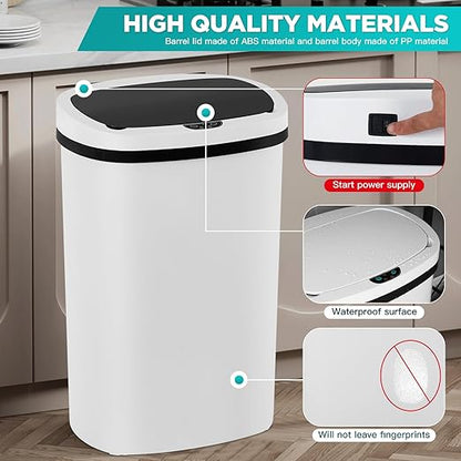 PayLessHere | 13 Gallon Plastic Trash Can | White | Automatic Touchless Lid with Motion Sensor | Kitchen Garbage Can with Waterproof Design | for Home, Office, Bathroom | Pack of 3