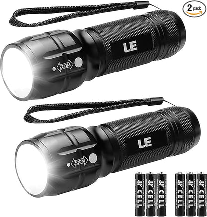 Lighting EVER LED Flashlights High Lumens, Small Flashlight, Waterproof, Adjustable Focus Flash Light for Outdoor, Emergency, Camping, AAA Batteries Included, 2 Pack