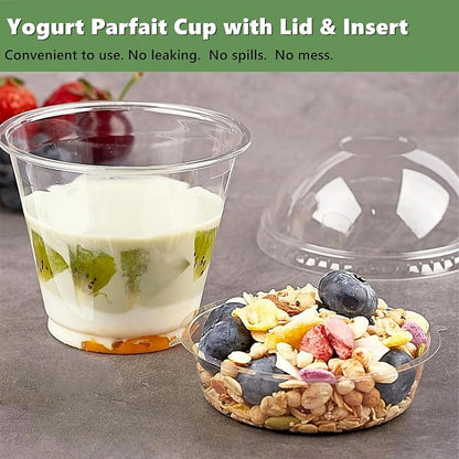 Zezzxu 50 Pack 9 oz Disposable Parfait Cups with Dome Lids No Hole, Toppings Compartment and Spork, Yogurt Conatiner with Granola Holder for Take Away Breakfast and Snacks, No Leaking