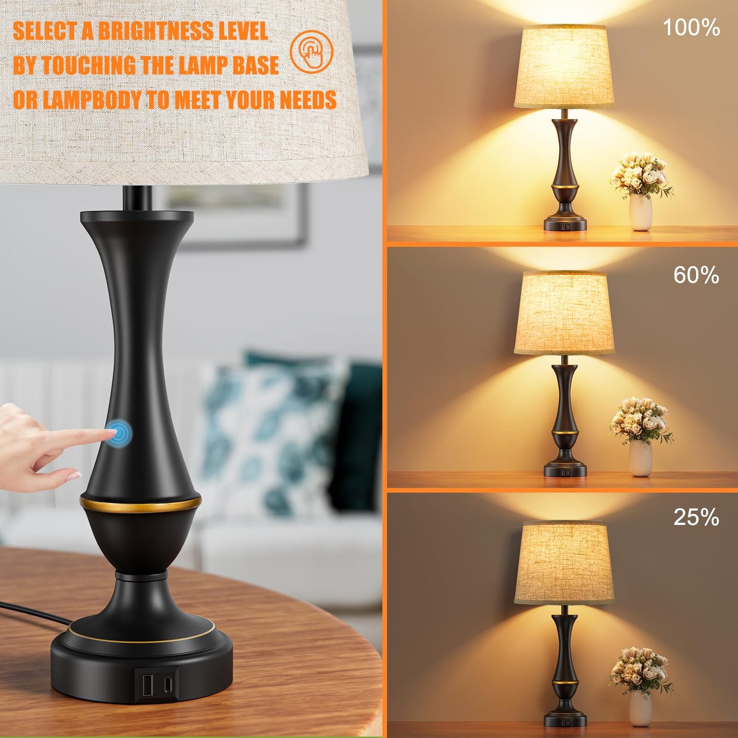 Seealle Upgraded Touch Lamps for Night Stands Set of 2 - Bedside Lamps with USB C+A, 3 Way Dimmable for Bedroom Living Room End Tables Office
